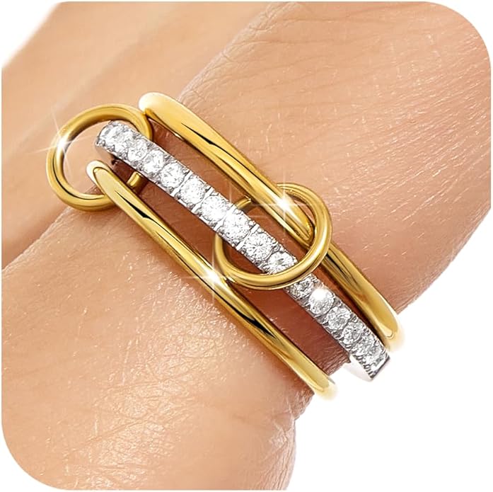 Gelbesty Stackable Gold Silver Band Rings for Women, Statement Chunky Cubic Zirconia Rings, Fashion Unique Designer Mixed Metal Jewelry Size 5/6/7/8/9/10/11