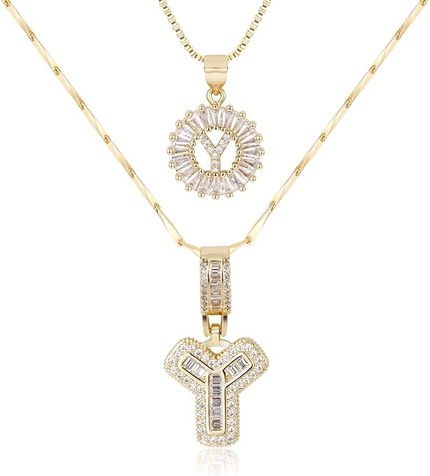 Letter Necklace 14k Gold Plated Bling Dainty Necklaces Trendy Chunky Custom Name Necklace Personalized Round Circle Pendant Zirconia Letters Name Crystal Jewelry Gifts for Women