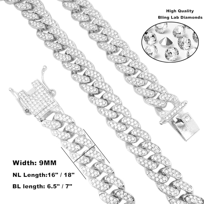 HH BLING EMPIRE 14k Gold/Silver Cuban Link Chain for Women Iced Out Diamond Chunky Cuban Link Necklace Chain Bracelet 2pcs Sets