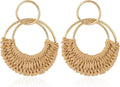 Handmade Raffia Hoop Earrings Statement Tropical Bohemian Straw Dangle Earrings Natural Rattan Vacation Style Round Earrings for Women Summer Beach Party Essential Jewelry