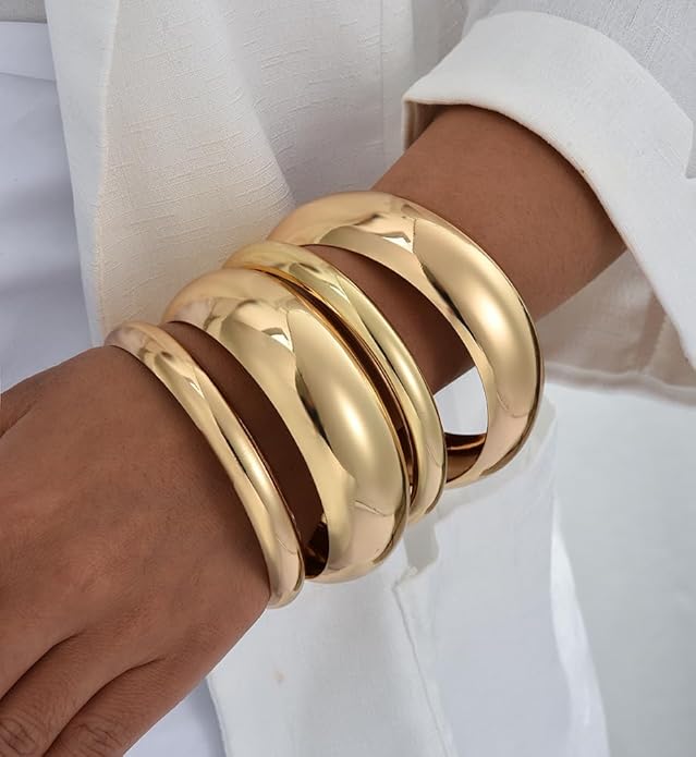 Chunky Gold Bangle Bracelets for Women, Dainty 14k Gold Plated Big Stackable Bangles Set, Trendy Cuff Bracelet Stack Fashion Jewelry Gifts
