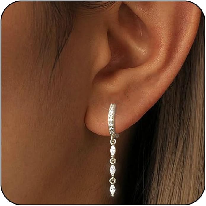 14K Gold Plated Dangle Earrings for Women Dainty Silver Drop Earring Trendy Small Long Dangling Wedding Bridesmaid Hoop Diamond Crystal Cute Earring Jewelry Valentine Gifts