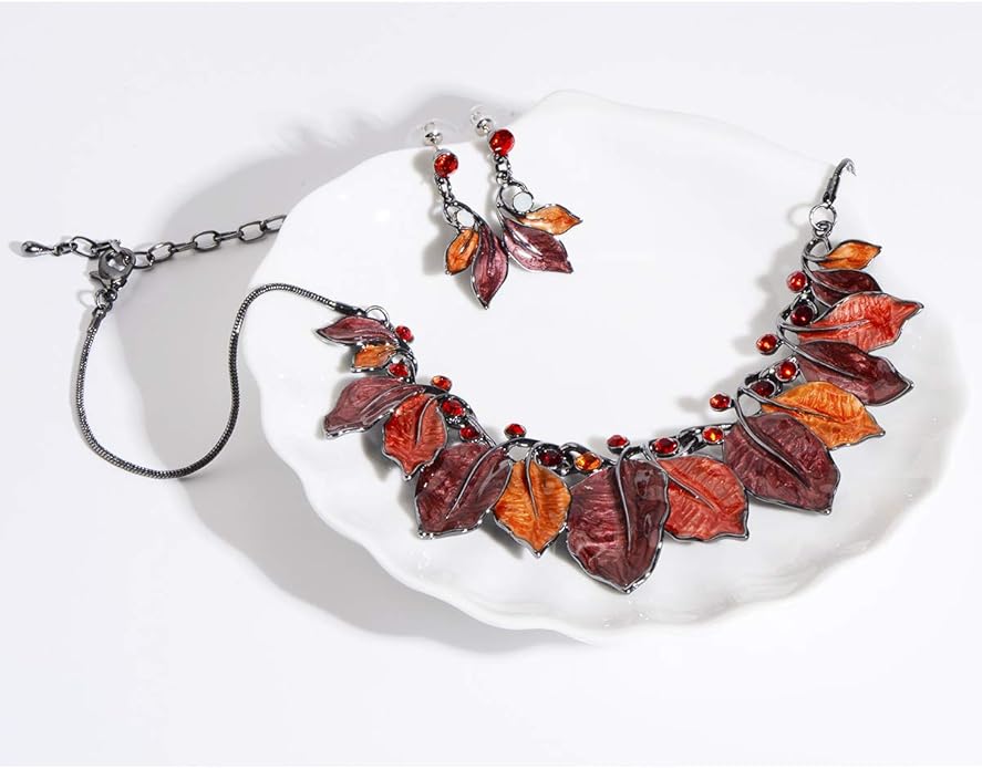 AMYJANE Vintage Statement Jewelry Set - Spring Leaf Flower Floral Plant Necklace Earring Set Crystal Rhinestone Fashion Costume Jewelry for Women Prom Party Unique Gift