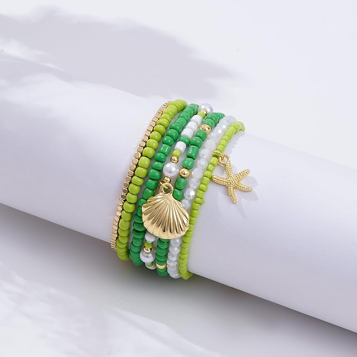 Shell Bracelet Seashell Boho Beaded Stretch Bracelets for Women Summer Beach Bracelets Starfish Charm Bracelet Stackable Gold Plated Bracelets Set for Women