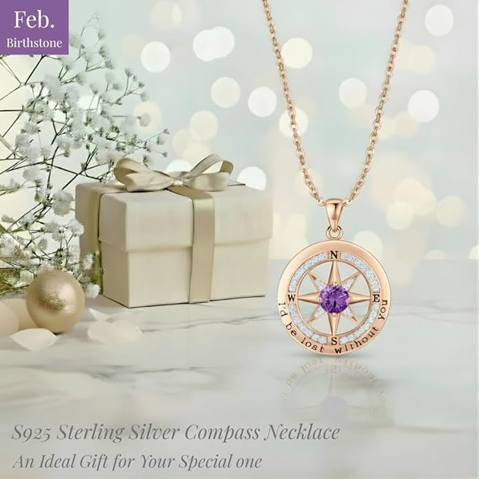 Compass Necklace for Women Wife Girlfriend Mom Daughter Gifts S925 Sterling Silver Jewelry For Anniversary Rose Gold Gifts For Birthday Christmas Mothers Valentines Day 12 Birthstones