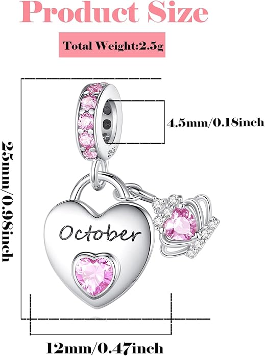 Birthstone Charms for Charms Bracelet: 925 Sterling Silver Heart Dangle Charms for Bracelets and Necklaces, Birthday Mother's Day Christmas Gifts For Women.