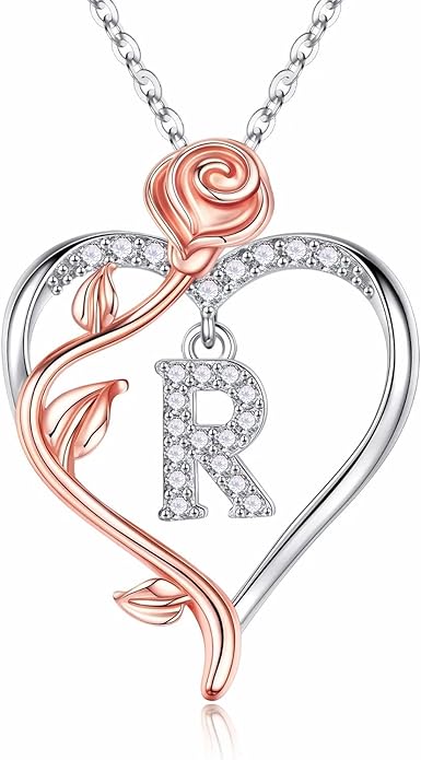 Iefil Valentines Day Gifts for Her - 925 Sterling Silver Rose Heart Initial Necklace, Anniversary Birthday Gifts for Women, Jewelry Gift for Her Wife Girlfriend