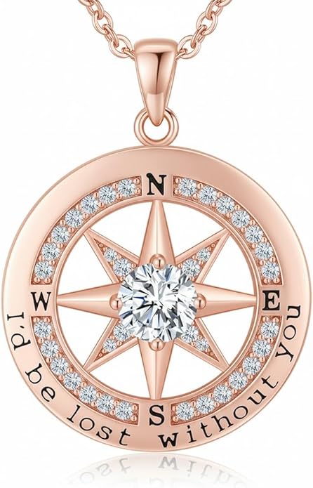 Compass Necklace for Women Wife Girlfriend Mom Daughter Gifts S925 Sterling Silver Jewelry For Anniversary Rose Gold Gifts For Birthday Christmas Mothers Valentines Day 12 Birthstones