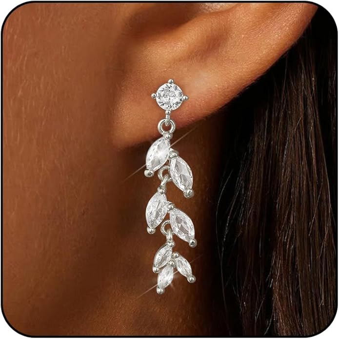 14K Gold Plated Dangle Earrings for Women Dainty Silver Drop Earring Trendy Small Long Dangling Wedding Bridesmaid Hoop Diamond Crystal Cute Earring Jewelry Valentine Gifts