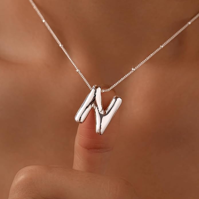 Inerney Valentines Day Gifts Gold Bubble Letter Necklace Initial Necklaces for Women, Chunky 14K Plated Balloon Initials, Trendy Charm Non Tarnish Custom Name Pendant Jewelry Gifts for Mom