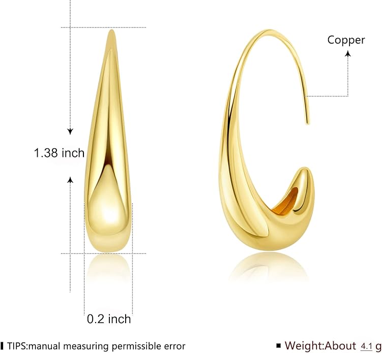 Lightweight Teardrop Hoop Earrings for Women 18k White Gold/Gold Plated Large Oval Hoop Earrings High Polished Statement Hoop Earrings Jewelry Gifts