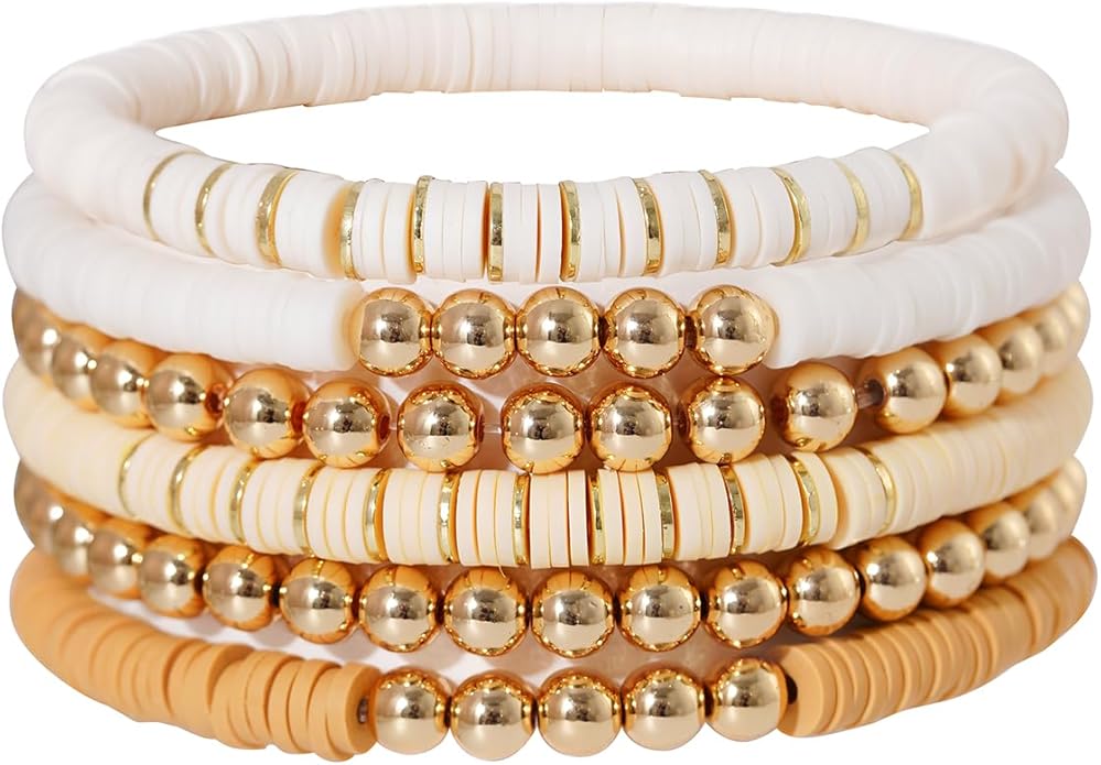 GOOJIDS Surfer Heishi Clay Bead Bracelets for Women Bohemian Stackable Gold Plated Beaded Stretch Bracelets Elastic Layering Friendship Bracelets Set Boho Jewelry