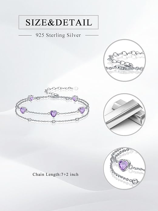 Birthstone Anklet/Bracelets for Women 925 Sterling Silver Charm Link Double Strand Heart Birthstone Jewelry Gift for Wife Women Mother's Day Gift