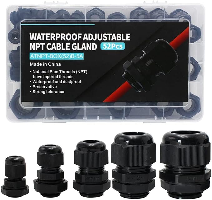 NPT Cable Glands 1/4” 3/8” 1/2” 3/4” 1”- 52 Pack Black Plastic Waterproof IP68 by AIRTAK