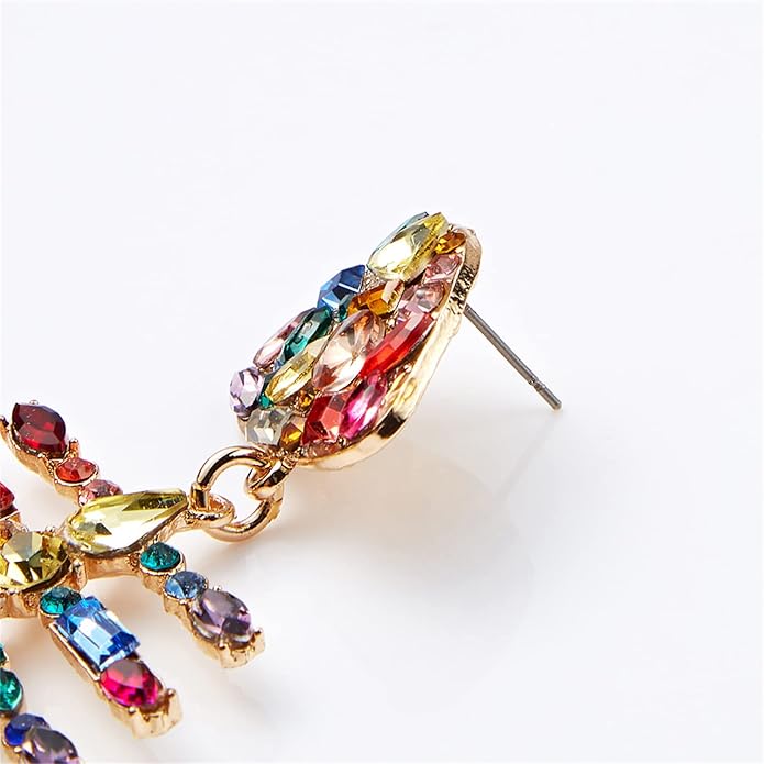 Creative Exaggerated Long Colorful Sparkly Crystal Fish Bone Dangle Drop Earrings Vintage Gold Cute Enamel Diamond Animal metal Stud Earrings