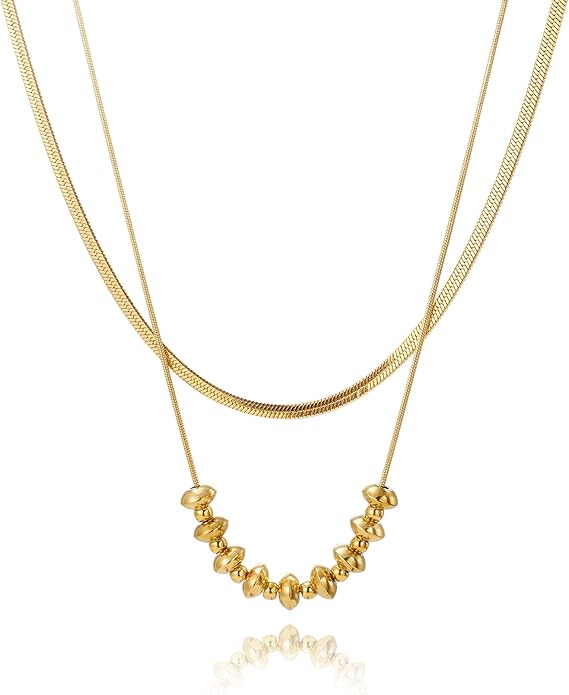 Layered Beaded Pendant Choker Necklace for Women,Stackable Stack Delicate Trendy Gold Plated Stainless Steel Snake Chain Choker Necklaces,Simple Gold Jewelry Necklaces for Prom Party