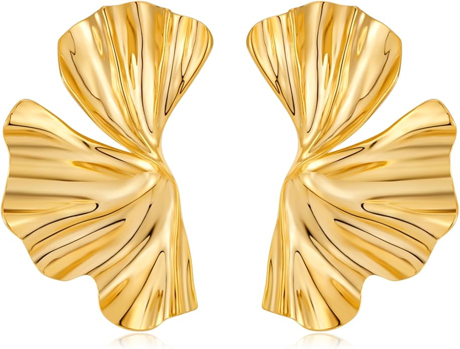 Chunky Gold Statement Earrings For Women Gold Plated Sectored Flower Leaf Shell Angel Wing Earrings Trendy Boho Jewelry For Women Large Stud Earrings Hypoallergenic Earrings