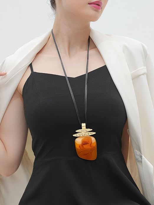 GelConnie Leather Necklace for Women Large Pendant Long Brown Necklace Circle Leather Choker Vintage Sweater Necklace Gold Chunky Boho Necklaces for Women