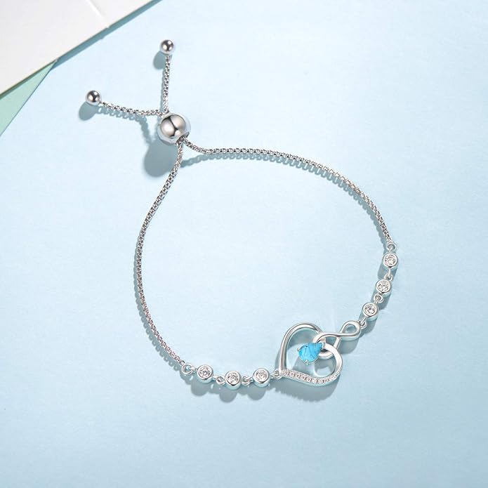 AGVANA Valentines Day Gifts Heart Birthstone Bracelets for Women Sterling Silver Genuine or Created Gemstone Tennis Bracelet Infinity Love Jewelry Anniversary Birthday Gifts for Wife Mom Women