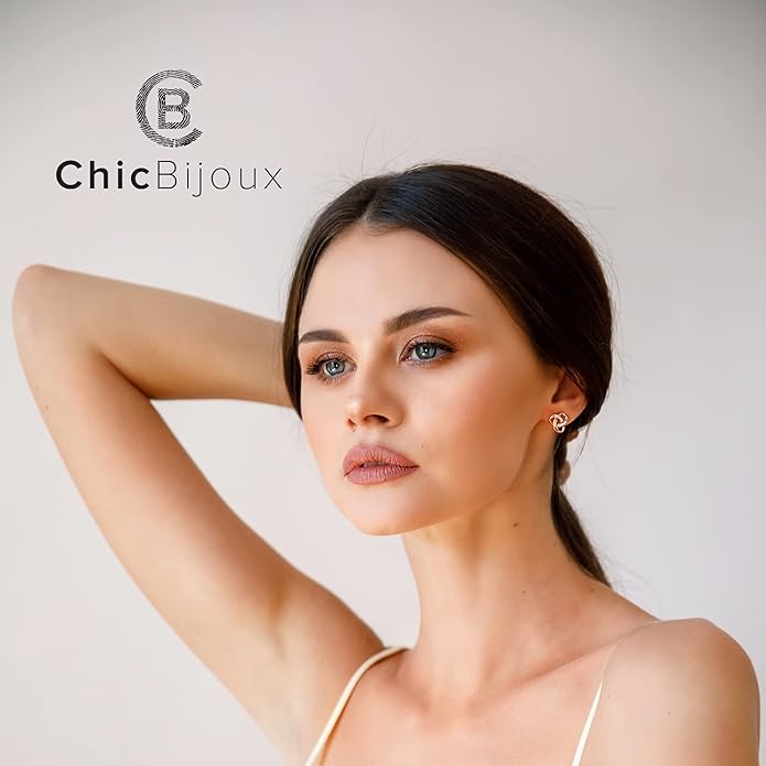 Chic Bijoux Knot Earrings for Women – With Round Cubic Zirconia stones and 925 Sterling Silver – Gift for Her Birthday, Rose Gold Jewelry