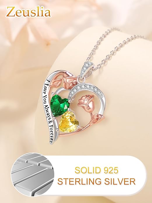 Valentine's Day Gifts for Wife 925 Sterling Silver Double Birthstone Pendant Necklaces I Love You for Always and Forever Necklace Anniversary Birthday Gifts for Wife Girlfriend Mom Her