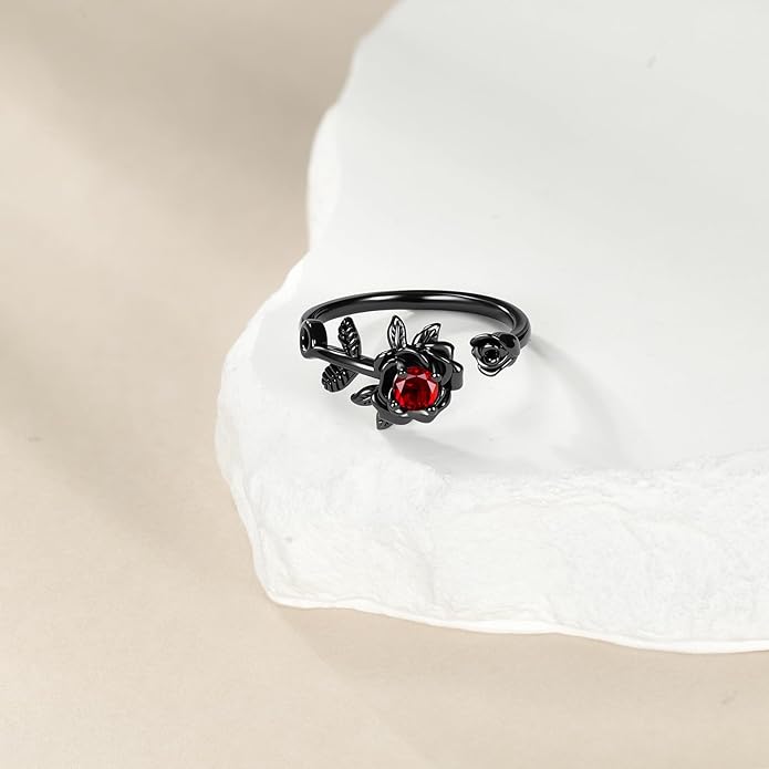 POPLYKE Rose Black Flower Ring For Women Sterling Silver Rings With CZ Jewelry For Women Promise Ring Adjustable Open Ring
