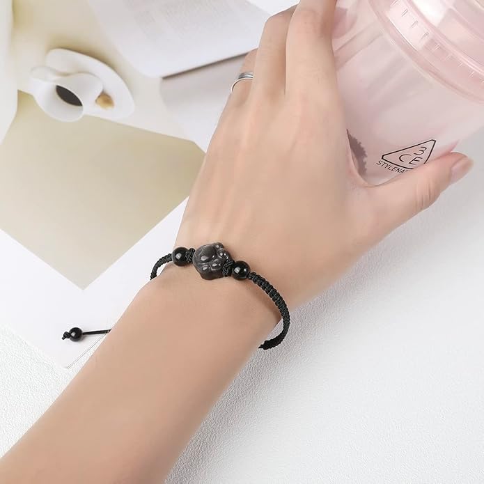 Money Attraction Cat Bracelet - Black Obsidian Women Bracelets -Wealth Prosperity Abundance Stone Bead Bracelet, Entrepreneur Business Luck Beaded Bracelets,Spiritual Mood Energy Cute Protection Stretch Bracelet,Health Good Luck Feng Shui Bracelets For...