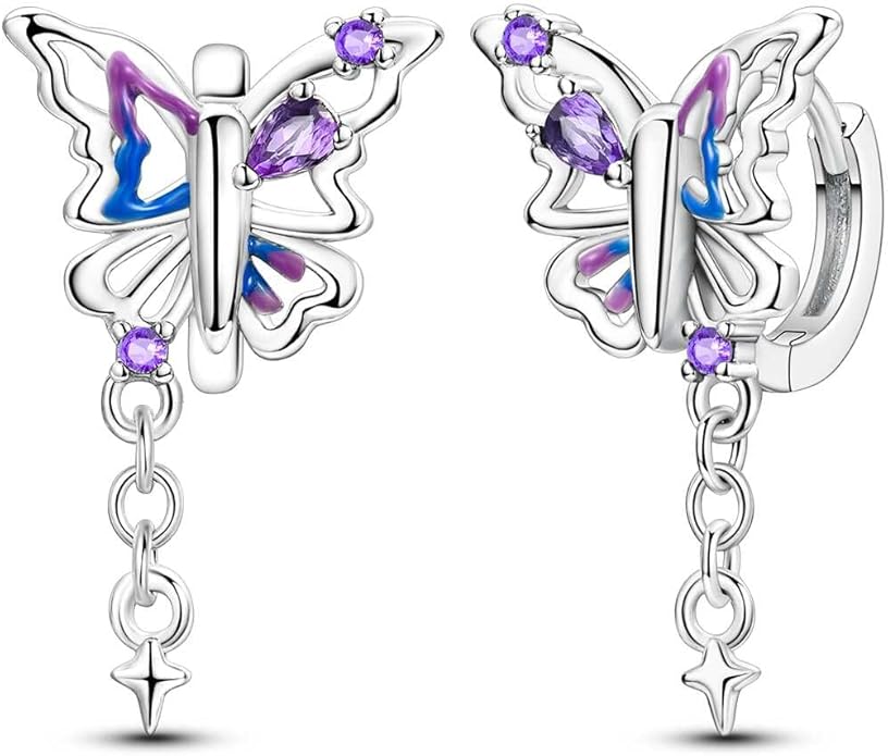 LAZA 925 Sterling Silver Hoop Earrings for Women, Hypoallergenic Huggie Butterfly Dangle Drop Earrings Colorful Flower Earrings Jewelry Gifts