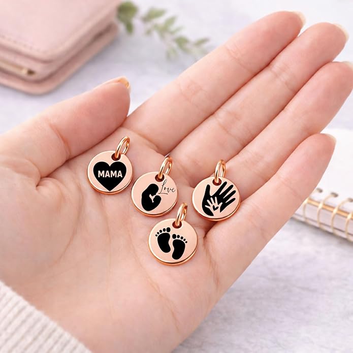 SM Design Pregnancy & New Baby Charm Set – Set of 4 Meaningful Stainless Steel Charms – Great for Crafting, Making Bracelets and Necklaces - Meaningful Keepsake Charms for Expecting & New Moms