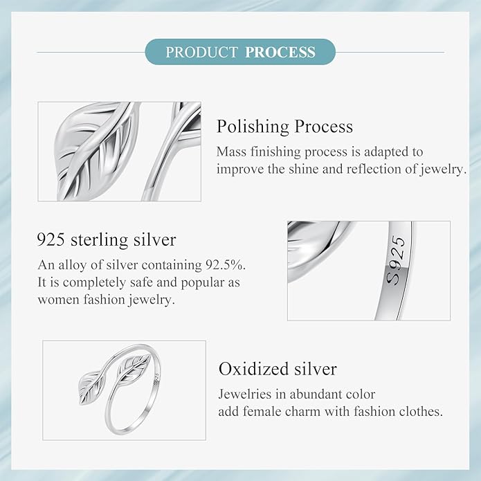 MUNDELL 925 Sterling Silver Simple Multi-layer Leaf Adjustable Ring Green Lucky Leaves Statement Ring for Women Promise Ring Fine Jewelry