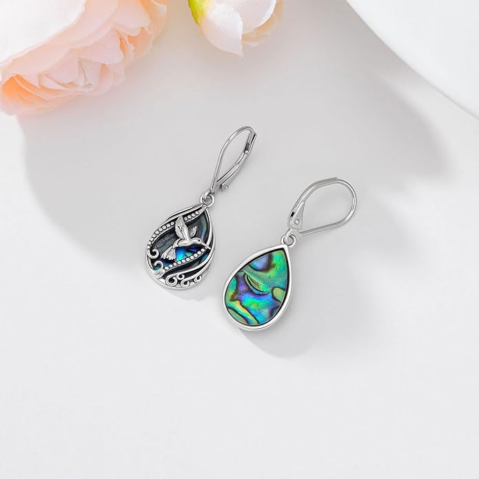 Animal Earrings 925 Sterling Silver Abalone Shell Dangle Drop Earrings Leverback Earrings Cute Animal Jewelry Gifts for Women Girlfriend