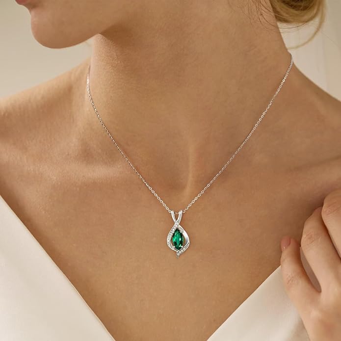 Iefil Valentines Day Gifts for Her, 925 Sterling Silver Marquise Birthstone Necklace Birthday Gifts Dainty Necklaces Birthstone Jewelry for Wife Daughter, 19"+2" Inches