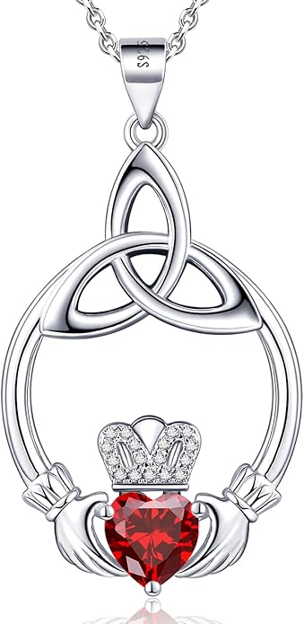 Gift Birthstone Necklaces for Women 925 Sterling Silver Irish Claddagh Necklace for Women Heart Birthstone Pendant Necklace Anniversary Birthday Gifts for Wife Lady Cable Chain 18"+2"