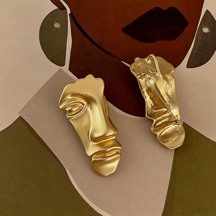 Vintage Minimalist Metal Face Mask Brooch Pin, Gold, Abstract Figure Design, Decorative Fashion Accessory for Men Women
