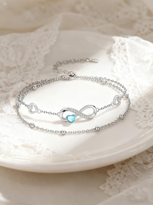 Dorunmo Infinity Heart Anklet Bracelet for Women 925 Sterling Silver Adjustable Infinity Birthstone Bracelet Friendship Jewelry Gifts for Women Birthday Christmas