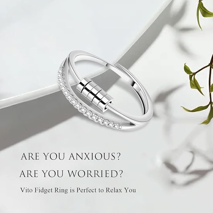 Vito 925 Sterling Silver Fidget Anxiety Ring for Women, Adjustable Open Spinner Ring Stress Relief Ring Stacking Band Anillos Jewelry Gift for Mom Daughter