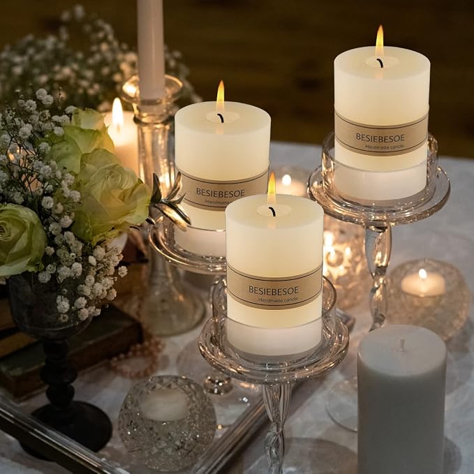 3×4 Ivory Pillar Candles Set of 3 Unscented Handpoured Weddings, Home Decoration - Image 2