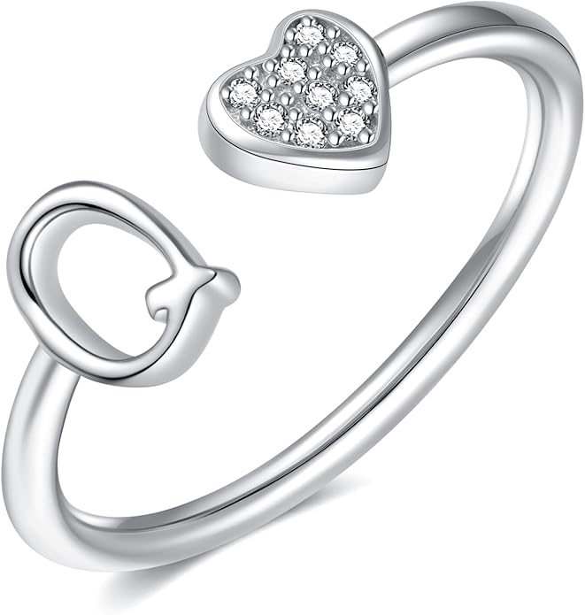 Valentines Day Gift Initial Rings for Teen Girls - S925 Heart Sterling Silver Rings for Teen Girls | 14K Gold/Rose Gold/Sterling Silver Plated Ring for Girls Kids Women Ring for Teenager Girls Gifts Adjustable, No Tarnish, Hypoallergenic