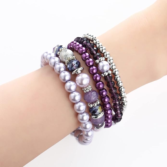 Noessla Beaded Pearl Stretch Bracelet Silver Stackable Crystal Beads Bracelets Trendy Costume Jewelry Mothers Day Gifts for Women