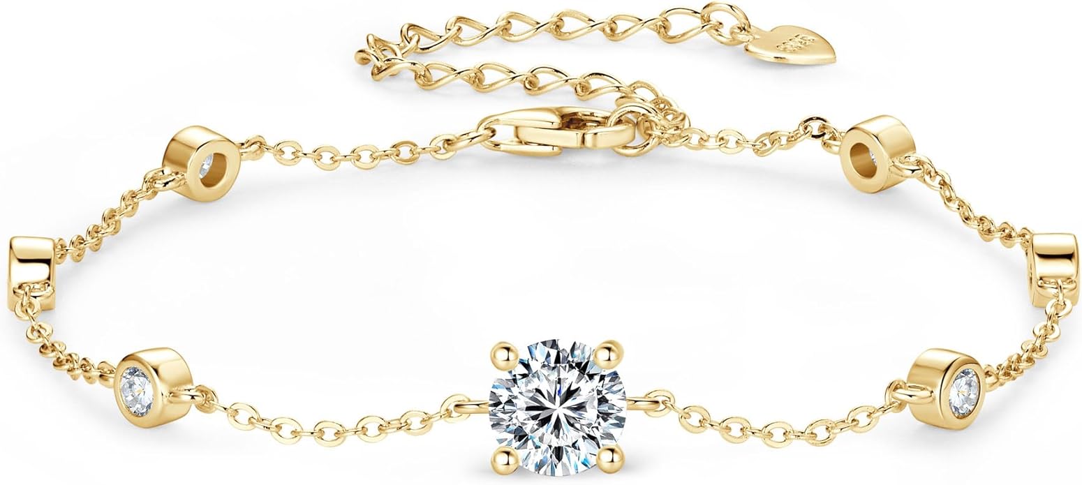 Bezel Station Link Bracelets for Women, 1.36cttw D Color Moissanite Bracelet 925 Sterling Silver for Wife or Mom, Adjustable Chain