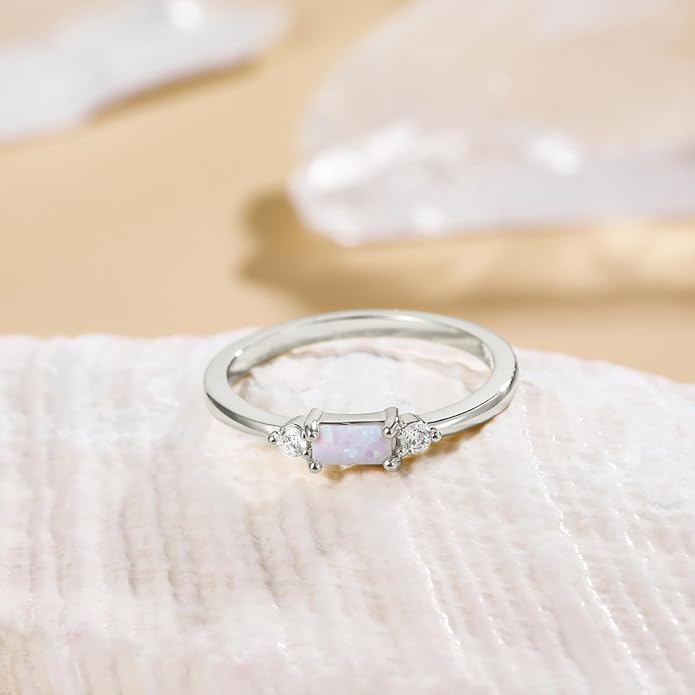 SHINYSO 14K Gold Plated Wedding Bands for Women Baguette Opal Ring Cubic Zirconia CZ Pave Thin Stackable Anniversary Rings for Her Size 4-10