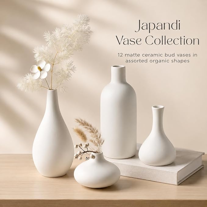 Set of 12 White Ceramic Vase for Pampas Grass Flowers, Japandi Small Vases in - Image 2