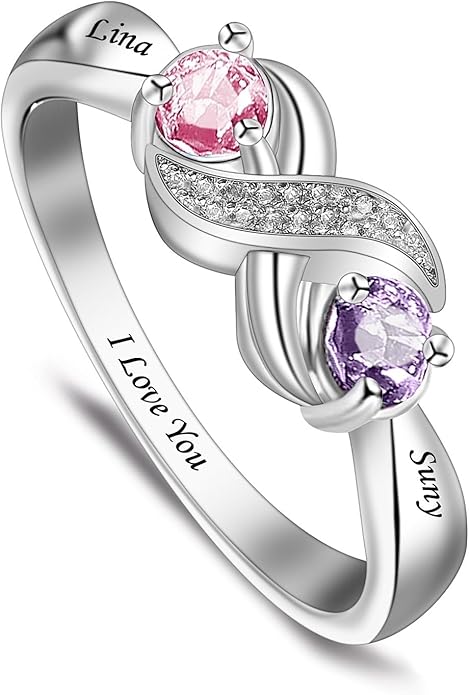 Personalized Heart Birthstone Rings for Women with 2 Birthstones Custom Name Rings for Couple Mother Daughter Jewelry Gift for Mother Her Christmas