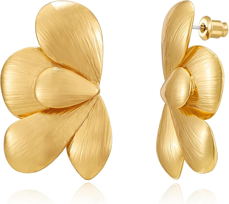 Chunky Gold Statement Earrings For Women Gold Plated Sectored Flower Leaf Shell Angel Wing Earrings Trendy Boho Jewelry For Women Large Stud Earrings Hypoallergenic Earrings