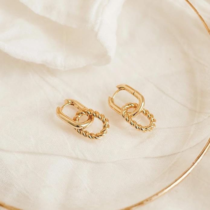 CAITLYNMINIMALIST 18K Gold Sterling Silver Double Link Drop Pave Duo Hoop Huggie Earrings Bold Jewelry for Women