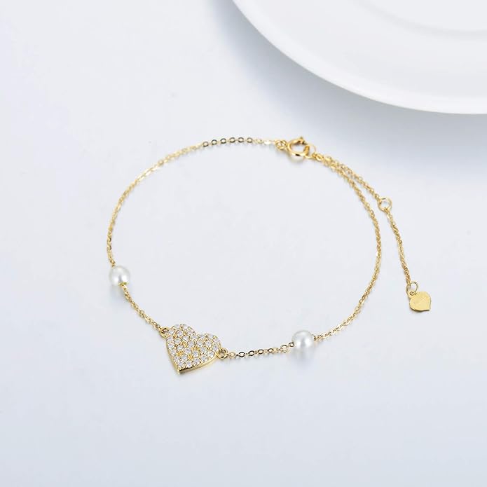 14k Gold Heart Anklet for Women, Real Gold Pearl Love Jewelry Ankle Bracelets Gifts for Wife/Girlfriend, Present for Her, 8.6"-10.2"