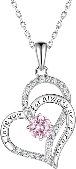 Birthday Gifts Double Heart Birthstone Necklace for Women, S925 Sterling Silver Pendant Necklace Jewelry for Her Mother Mom Wife Girlfriend