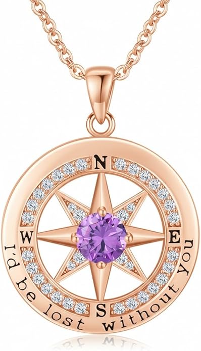 Compass Necklace for Women Wife Girlfriend Mom Daughter Gifts S925 Sterling Silver Jewelry For Anniversary Rose Gold Gifts For Birthday Christmas Mothers Valentines Day 12 Birthstones