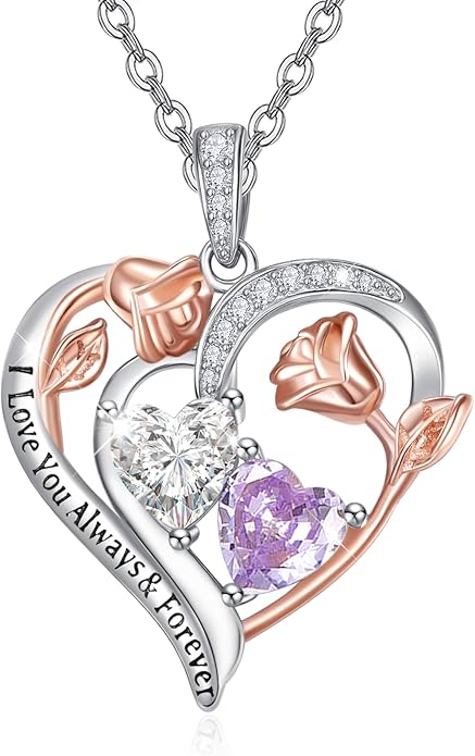 Valentine's Day Gifts for Wife 925 Sterling Silver Double Birthstone Pendant Necklaces I Love You for Always and Forever Necklace Anniversary Birthday Gifts for Wife Girlfriend Mom Her