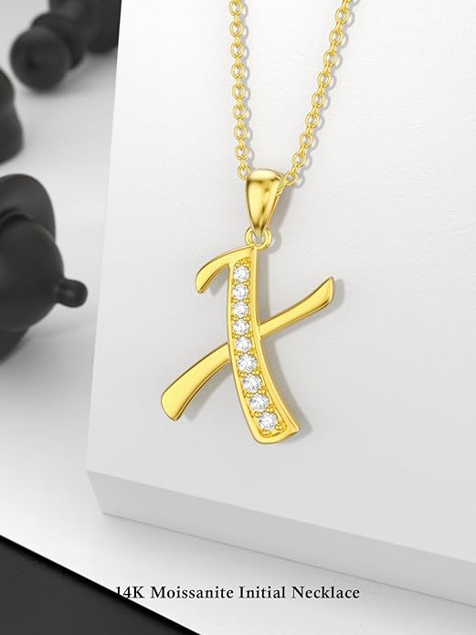 14k Gold Initial Necklace for Women, Solid Gold Moissanite Letter Pendant Necklaces Jewelry for Her Birthday Valentines Day Gifts for Mom Wife Christmas Gifts for Girlfriend Sister